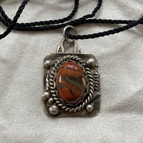 Artist Signed Red Jasper Sterling Handmade Pendant on Black Cord - Picture 1 of 5